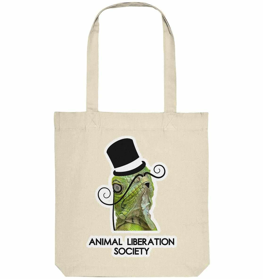Vegan und Recycling Stofftasche: Sir Reptile - Animal Liberation Society, zeigt einen Cartoon-Lizard mit Zylinder und Schnurrbart, hergestellt aus recyceltem Material.