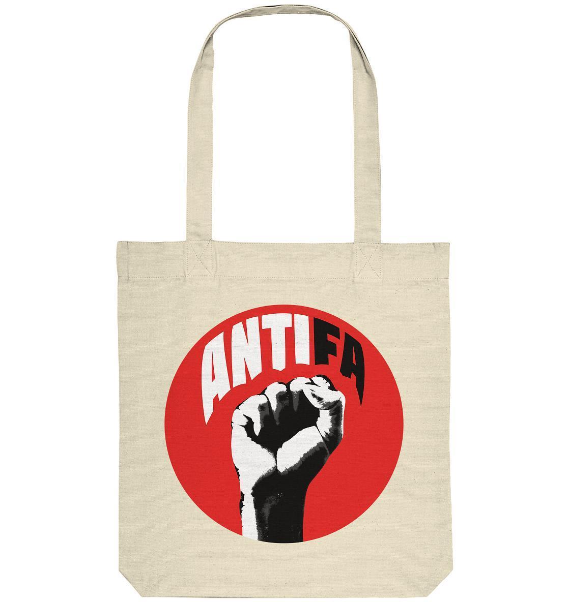 Vegan und Recycling: Antifa-Tasche mit rotem und schwarzem Faustsymbol, aus recycelten Materialien, symbolisiert Kampf gegen Faschismus.