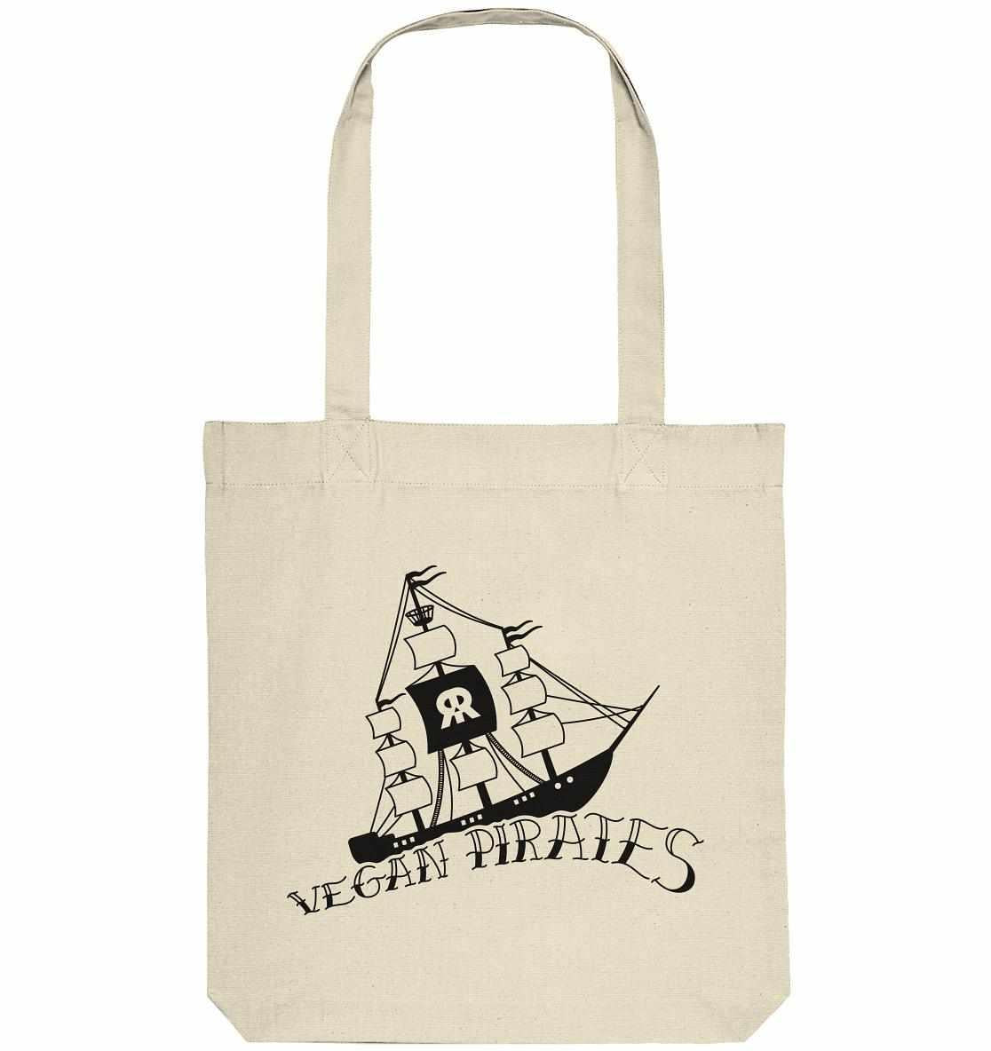 Vegan und Recycling Stofftasche: Vegan Pirates, weiße Tragetasche mit schwarzem Piratenschiff-Design, aus recycelten Materialien, Teil der Rude Rebel Kollektion.
