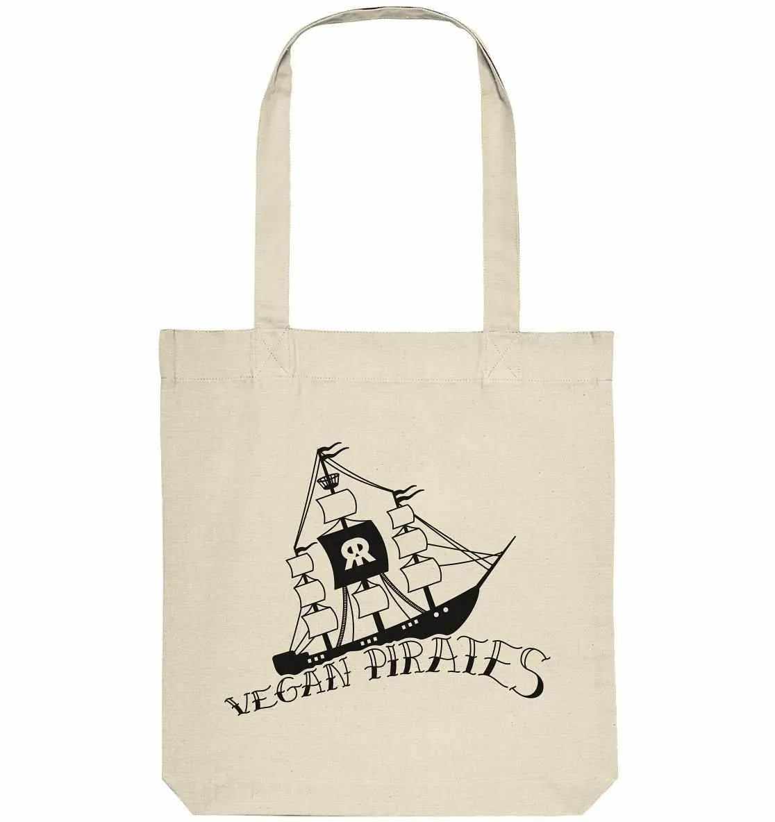 Naturfarbene Stofftasche mit Tragehenkeln und weißem Piraten-Aufdruck „VEGAN PIRATES“