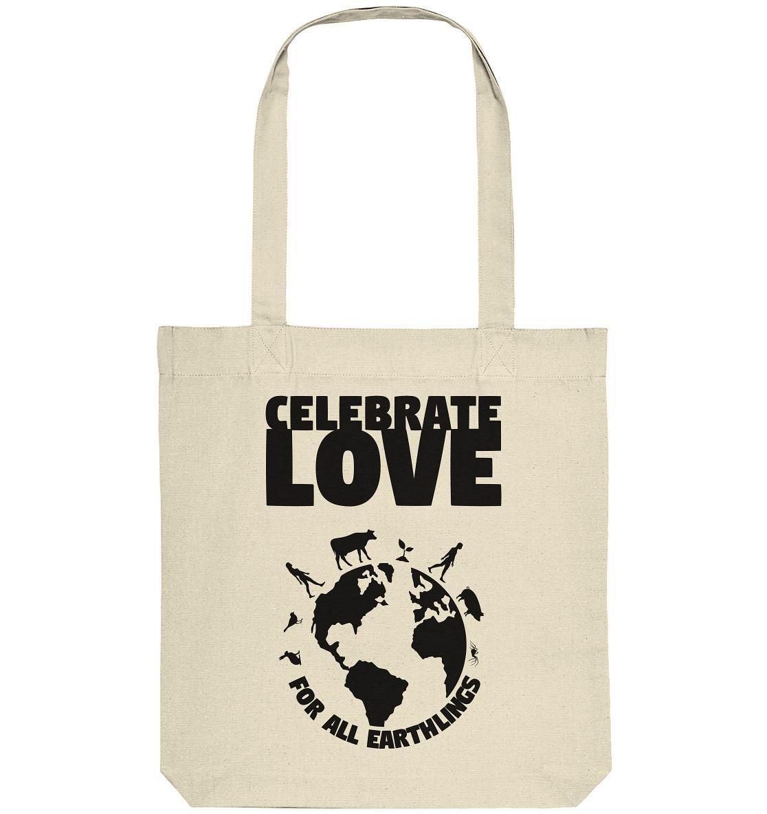 Vegan und Recycling Stofftasche mit schwarzem Text, Wolf-Silhouette und Weltkarte, zelebriert Liebe und Nachhaltigkeit. Hergestellt aus recycelten Materialien, ideal für umweltbewusste Käufer.