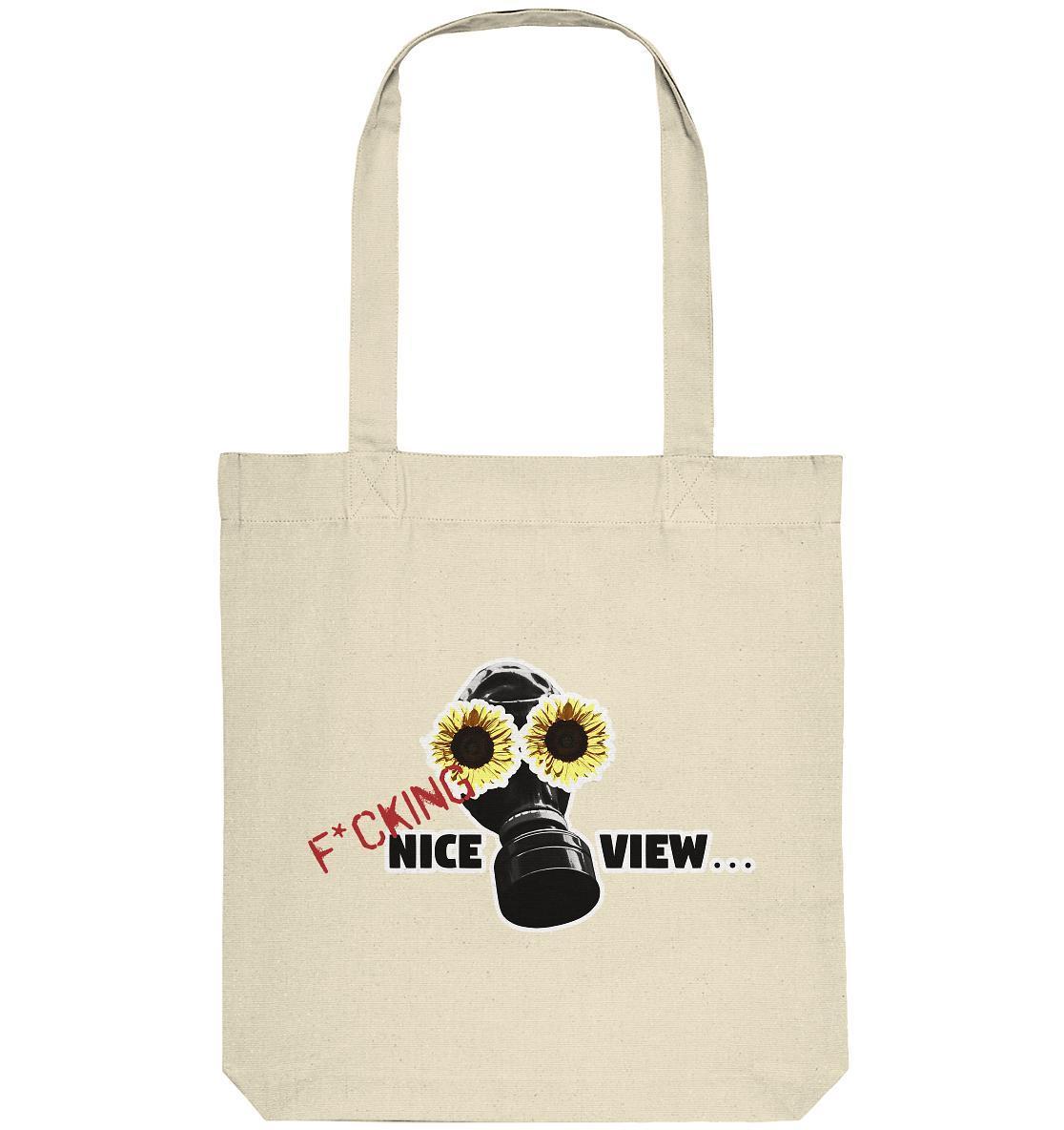 Vegan und Recycling Stofftasche mit Gasmaske und Sonnenblumen-Design, symbolisiert nachhaltigen Lebensstil in dystopischer Zukunft. Größe: 38x42cm, lange Henkel, recycelte Materialien.