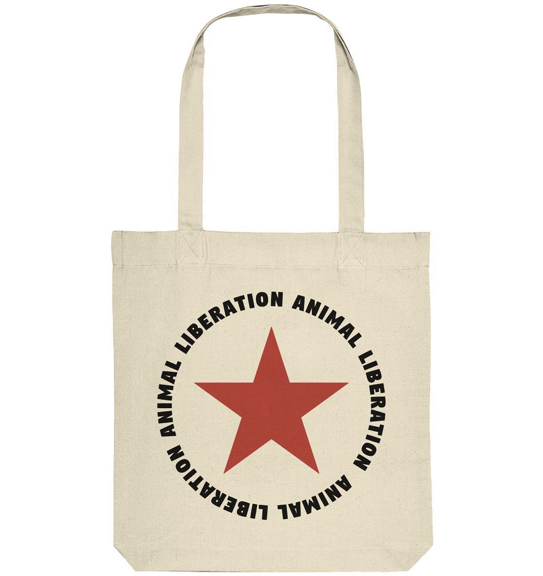 Vegan und Recycling Stofftasche: Red Star - Animal Liberation, weiße Tasche mit rotem Stern und schwarzem Text, aus recycelter Baumwolle und Polyester, lange Henkel.