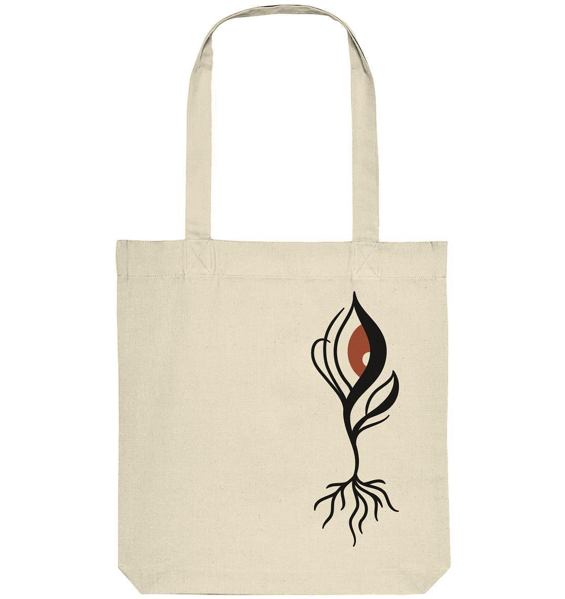 Vegan und Recycling Stofftasche mit peacock Feder und Pflanzenspross-Design, symbolisiert Naturschutz und Nachhaltigkeit. Aus recycelter Baumwolle und Polyester, ideal für umweltbewusste Träger.