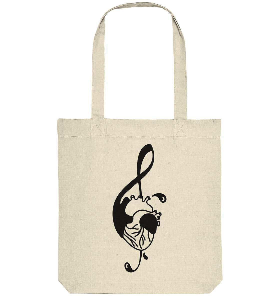 Vegan und Recycling Stofftasche: Music Therapy with Heart, weiße Tasche mit schwarzem Herz- und Musikdesign, lange Henkel, aus recycelter Baumwolle und Polyester.