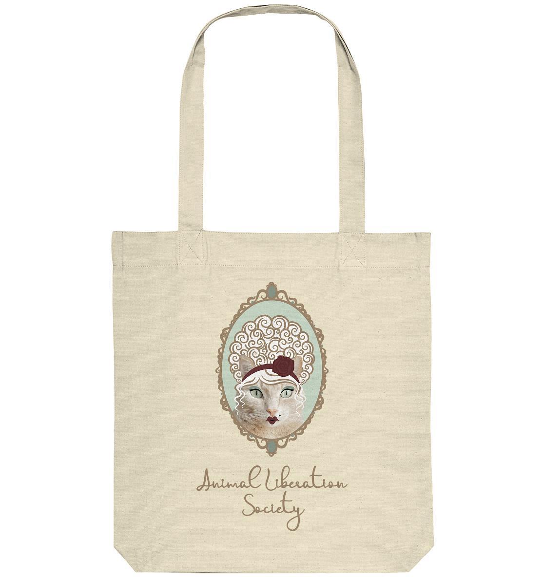 Vegan und Recycling Stofftasche: Miss Cat - Animal Liberation Society, weiße Tasche mit Katzenmotiv und Rose, hergestellt aus recycelten Materialien, symbolisiert Tierrechte und Nachhaltigkeit.