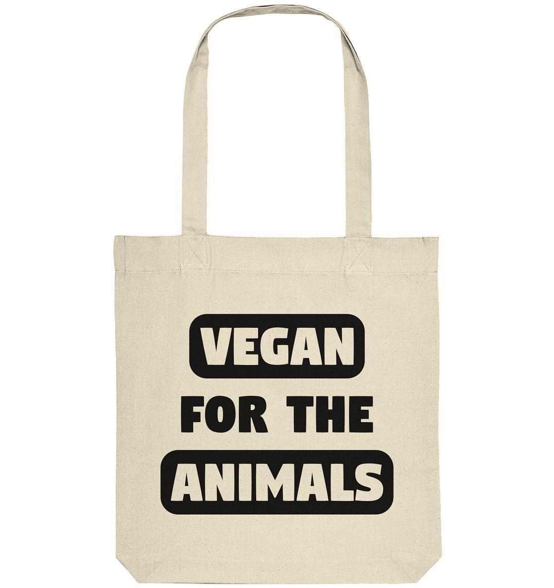 Vegan und Recycling Stofftasche mit VEGAN FOR THE ANIMALS-Aufdruck, aus recycelter Baumwolle und Polyester, ideal für umweltbewusste und tierfreundliche Einkäufe.