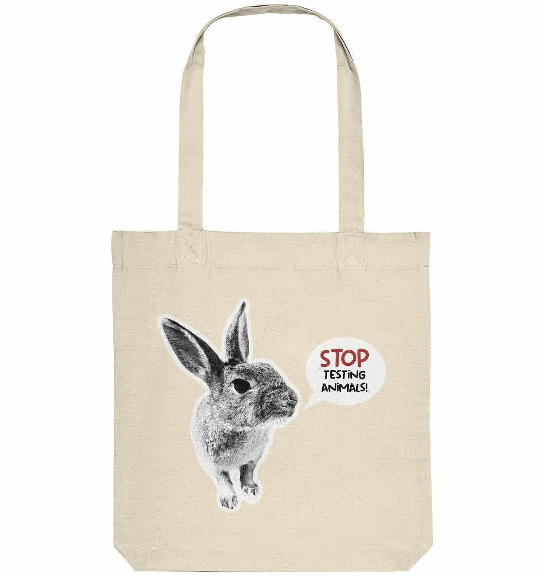 Vegan und Recycling Stofftasche mit süßem Hasenmotiv und Aufschrift STOP ANIMAL TESTING!, hergestellt aus umweltfreundlichen Materialien, von RUDE REBEL.