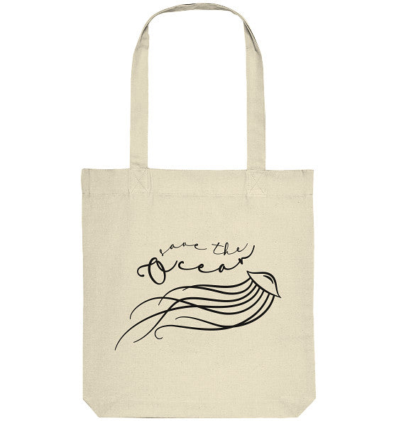 Vegan und Recycling Stofftasche mit Quallen-Illustration und Save the Ocean-Text, ideal für umweltbewusste Käufer. Maße: 38 x 42 cm, lange Henkel.