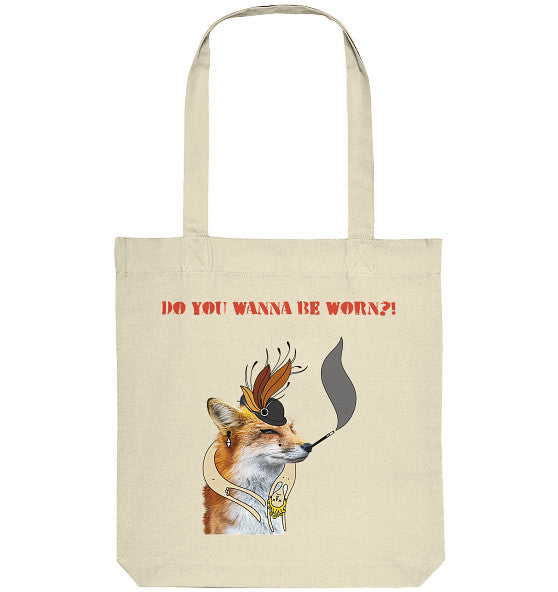 Vegan und Recycling Stofftasche: Mrs. Fox demonstriert gegen Pelz! Tasche mit Fuchs-Motiv, Hut und Feder, aus recycelter Baumwolle und Polyester, 38 x 42 cm.