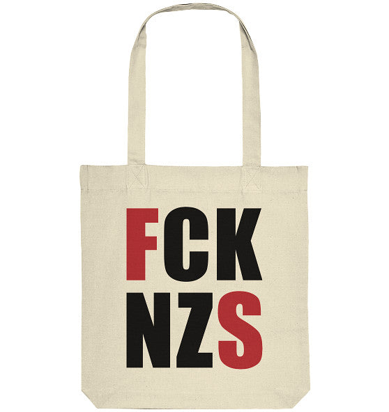 Vegan und Recycling Stofftasche: FCK NZS mit roten Highlights, zeigt stilisierten Anti-Nazi-Slogan auf natürlichem Canvas, hergestellt aus recycelter Baumwolle und Polyester, lange Henkel, 38x42 cm.
