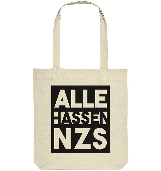 Vegan und Recycling Stofftasche: ALLE HASSEN NZS! zeigt ein schwarzes Quadrat mit dem Schriftzug auf natürlichem Canvas, lange Henkel, robust und nachhaltig.