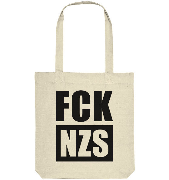 Vegan und Recycling Stofftasche: FCK NZS zeigt eine Botschaft gegen Rechts, aus recycelter Baumwolle und Polyester, mit langen Henkeln und verstärktem Kreuzstich.