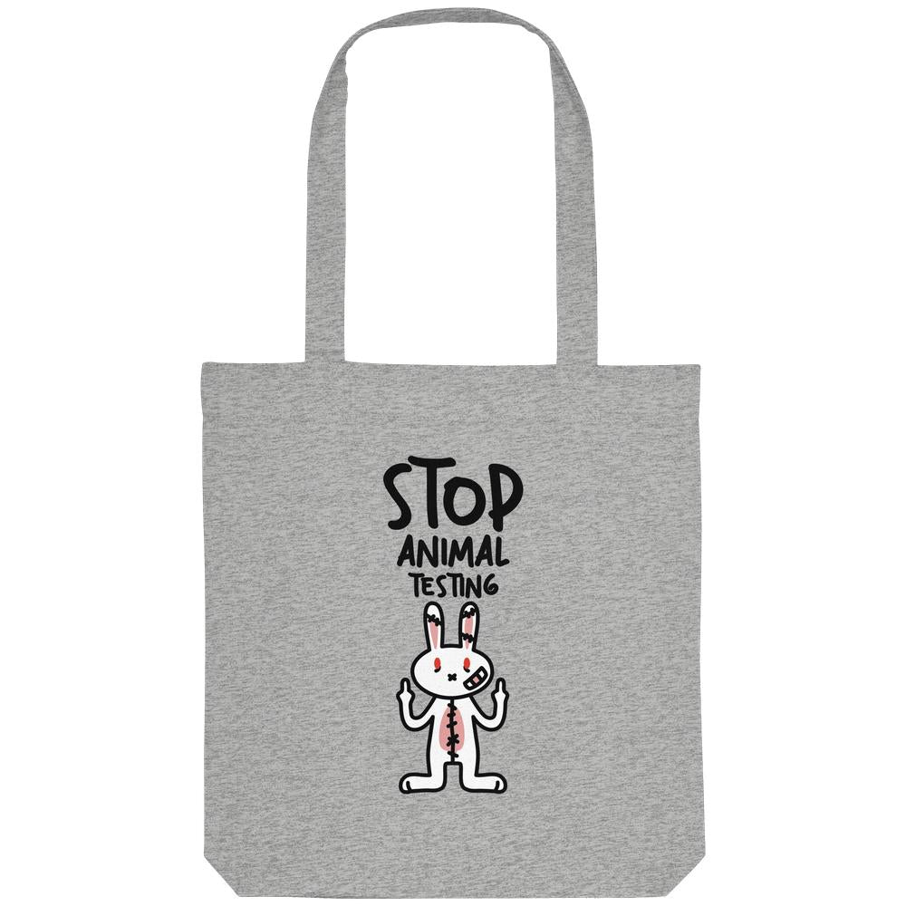 Baumwoll-Totebag in Hellgrau meliert mit Aufdruck „Stop Animal Testing“ und Hase