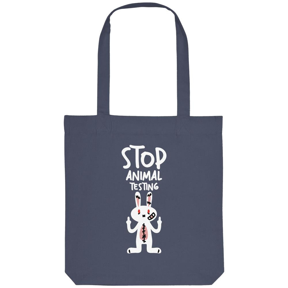 Baumwoll-Totebag in Dunkelblau mit Aufdruck „Stop Animal Testing“ und Hase