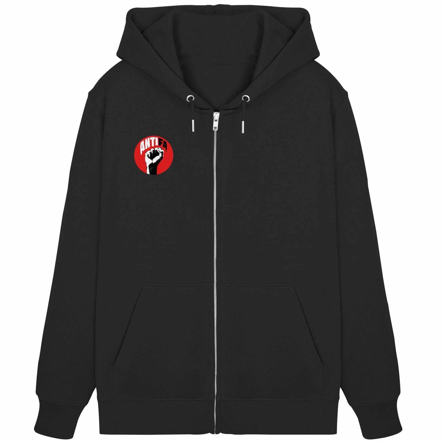 Vegan und Bio Zipper Hoodie: Antifa - Gemeinsam gegen Rechts, schwarzer Kapuzenpullover mit rotem Logo und Faust, verdeckter Reißverschluss, Kängurutasche, aus Bio-Baumwolle.