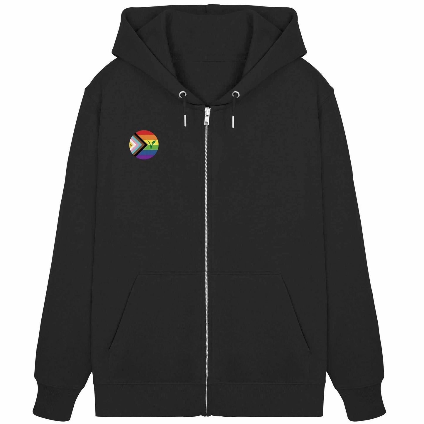 Vegan und Bio Zipper Hoodie: LGBTQIA+ VEGAN, schwarzer Hoodie mit Regenbogen-Logo und grünem Blatt, Reißverschluss und Kängurutasche, aus Biobaumwolle und recyceltem Polyester.