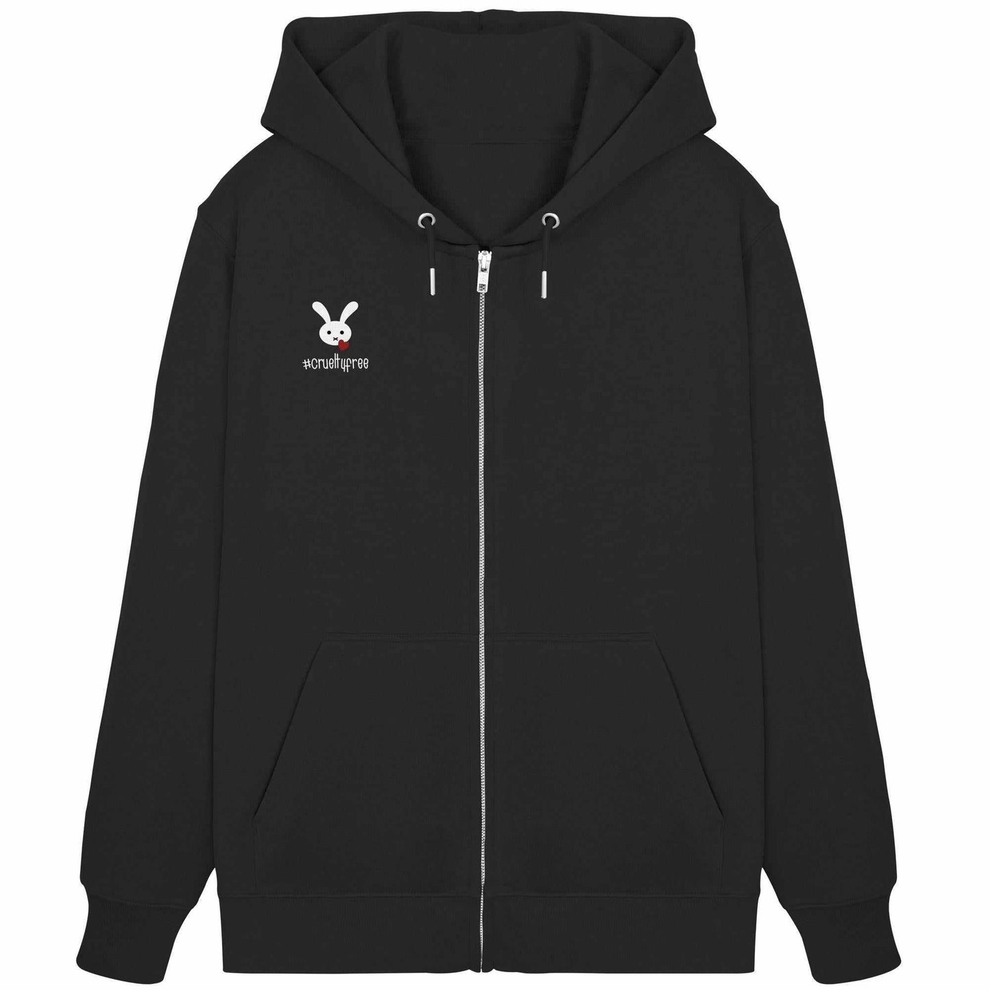 Vegan und Bio Zipper Hoodie: Crueltyfree Bunny, schwarzer Hoodie mit weißem Hasenmotiv, verdecktem Reißverschluss, Kängurutasche, aus Bio-Baumwolle und recyceltem Polyester.