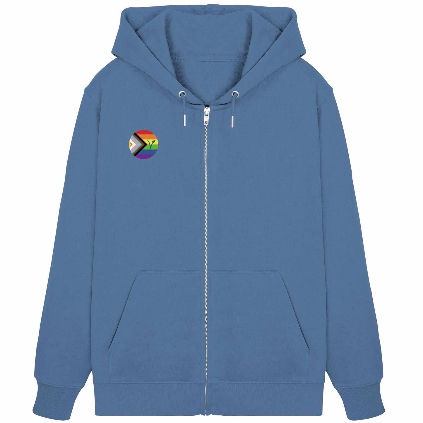 Vegan und Bio Zipper Hoodie: LGBTQIA+ VEGAN, blauer Hoodie mit Regenbogen-Logo, verdecktem Reißverschluss, Kängurutasche und Kapuze, aus Bio-Baumwolle und recyceltem Polyester.