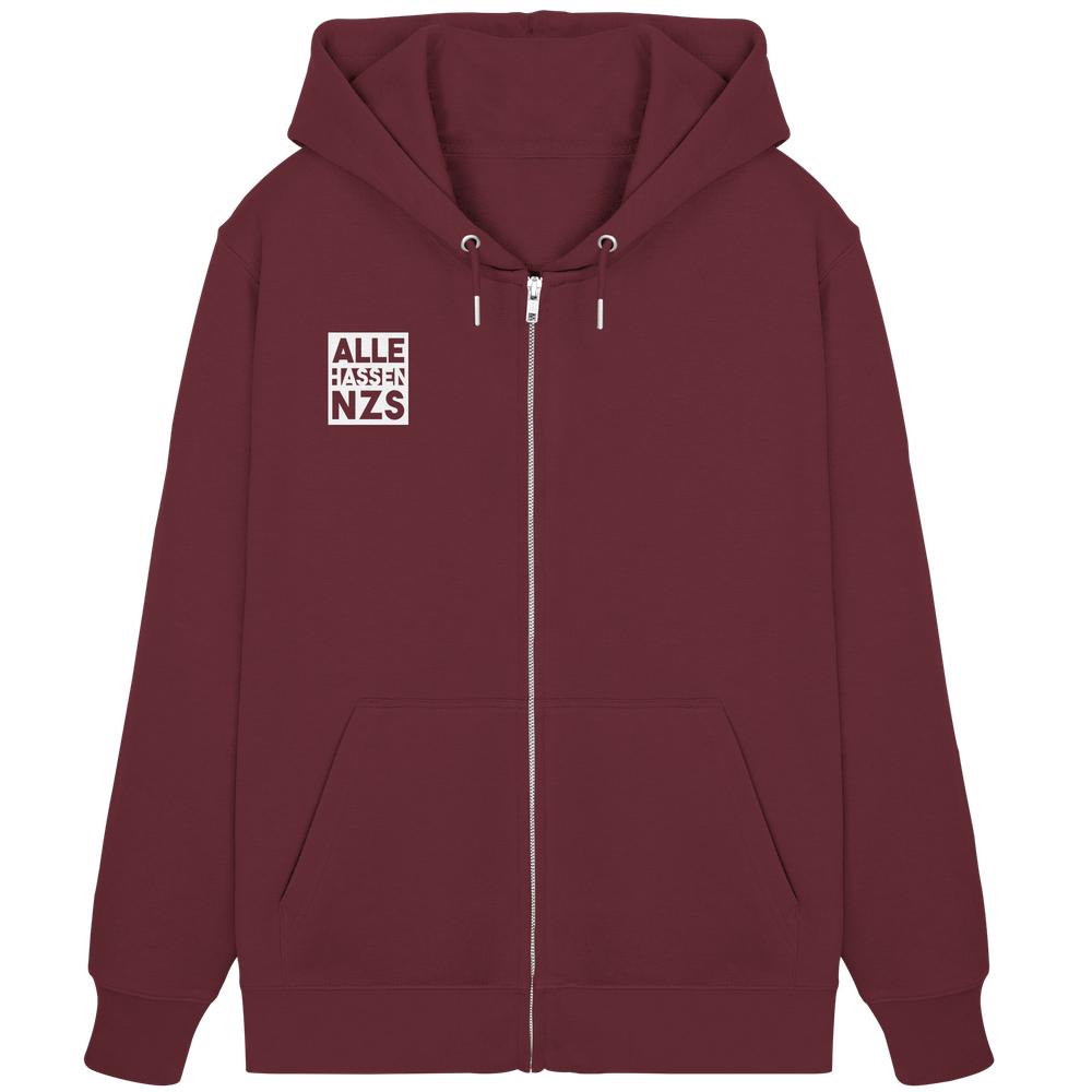 Vegan und Bio Zipper Hoodie: ALLE HASSEN NZS! mit Kapuze, Kängurutasche, silbernem Reißverschluss und Aufdruck auf der Brust, von RUDE REBEL.