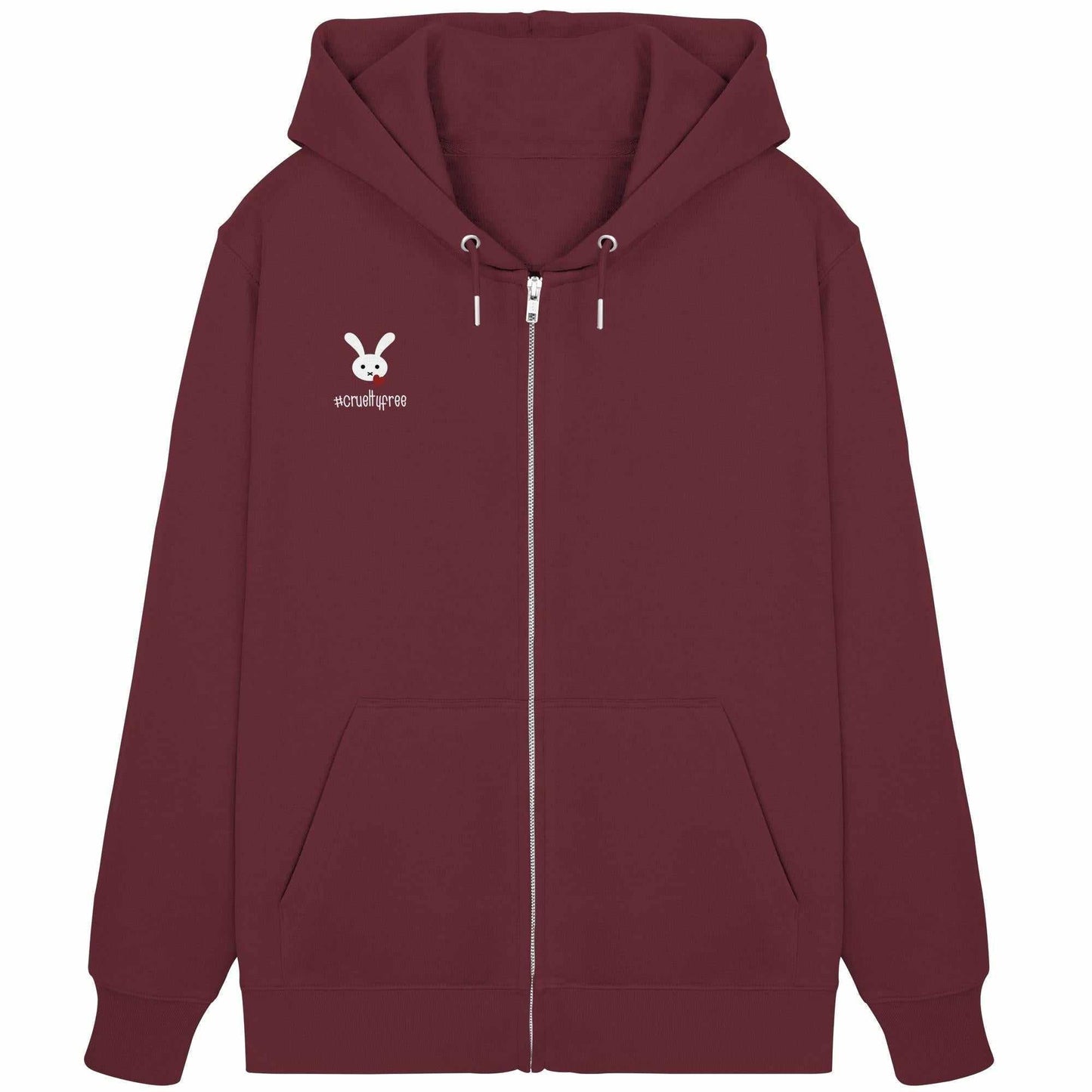Vegan und Bio Zipper Hoodie: Crueltyfree Bunny mit weißem Hasenmotiv, Kängurutasche und verdecktem Reißverschluss, aus Bio-Baumwolle und recyceltem Polyester.