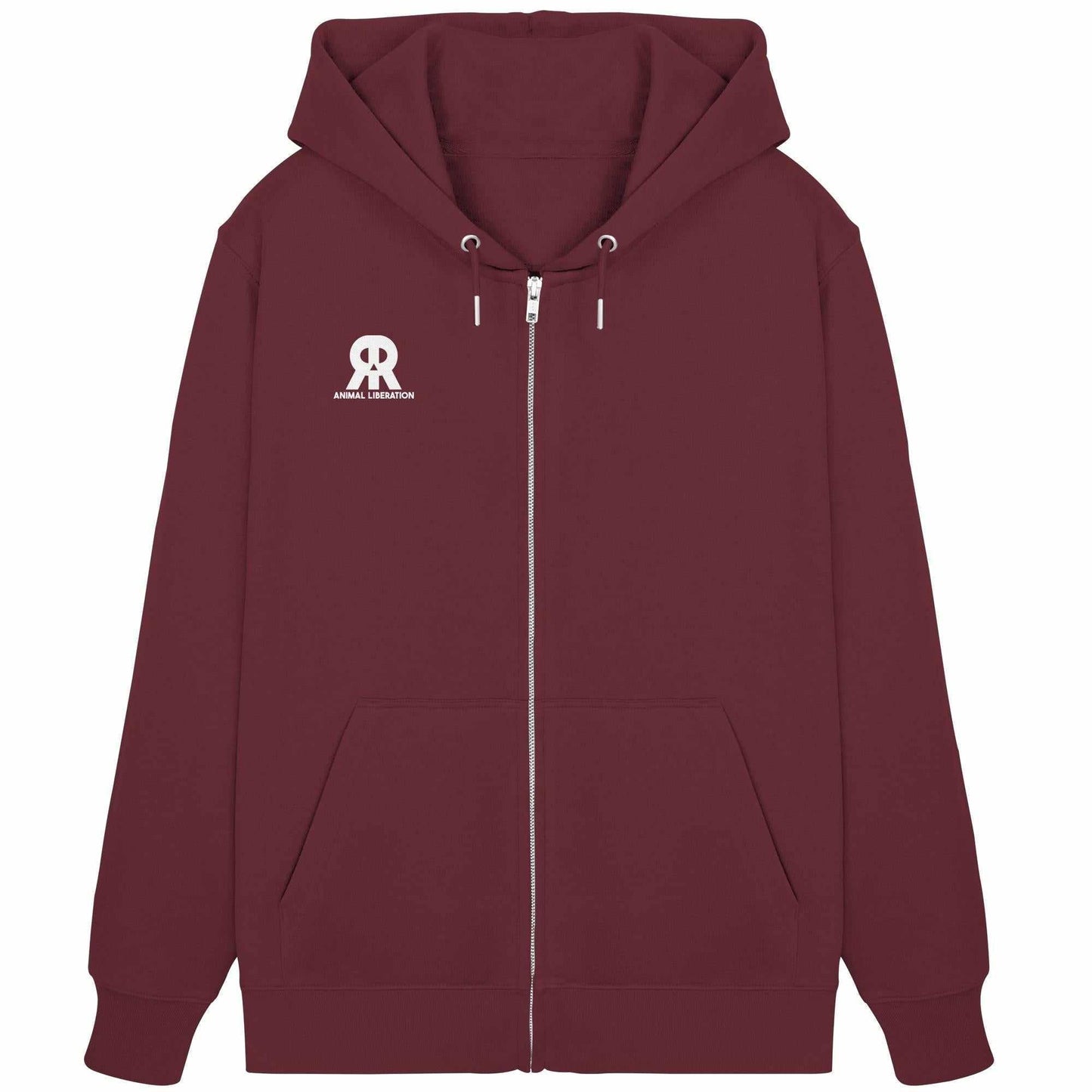 Vegan und Bio Zipper Hoodie: RUDE REBEL Skull - Animal Liberation mit Kapuze, Kängurutasche und verdecktem Reißverschluss. Enthält Totenkopf-Design, aus Bio-Baumwolle und recyceltem Polyester.
