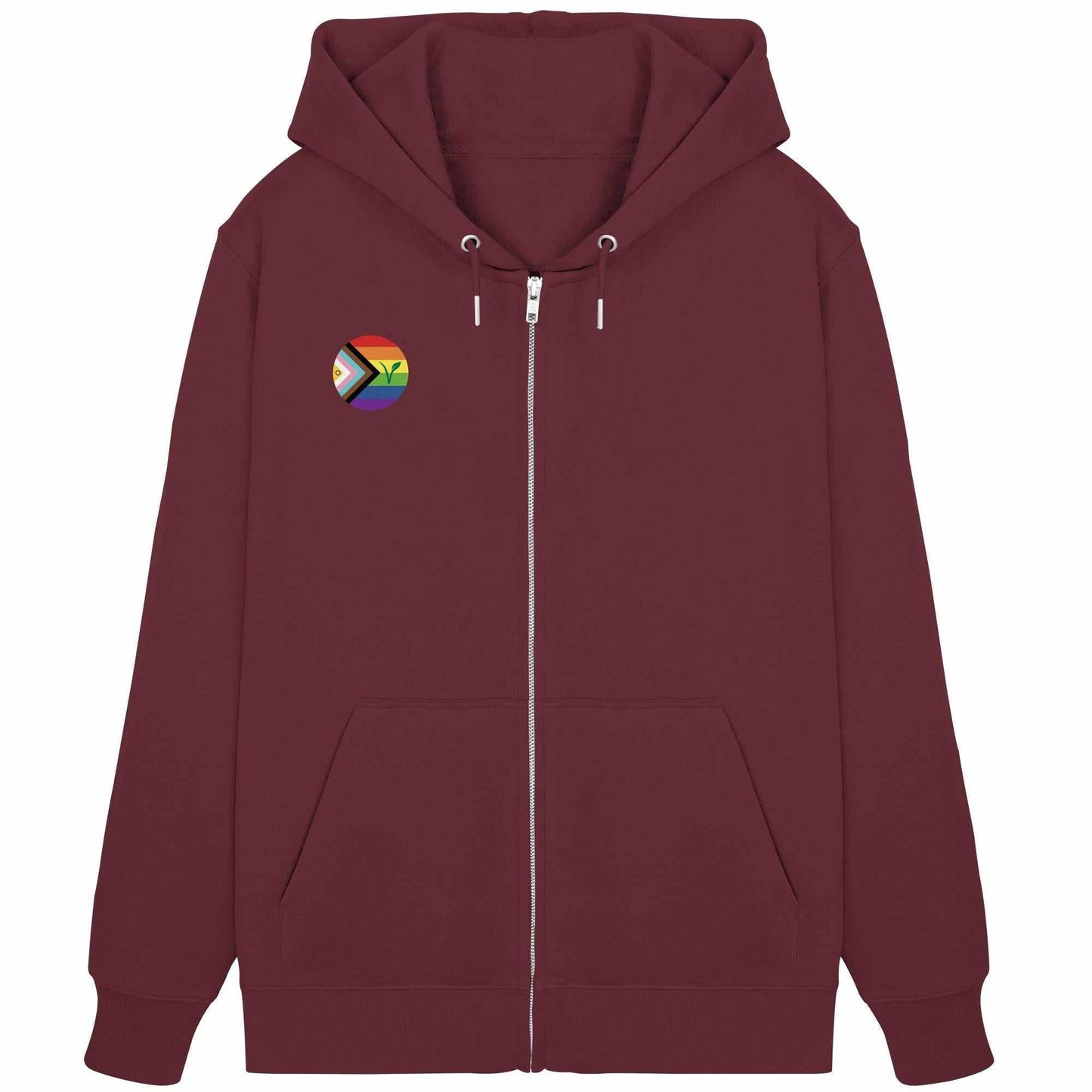 Vegan und Bio Zipper Hoodie: LGBTQIA+ VEGAN mit Regenbogen-Logo und verdecktem Metallreißverschluss, Kängurutasche und Kapuze, aus Bio-Baumwolle und recyceltem Polyester.