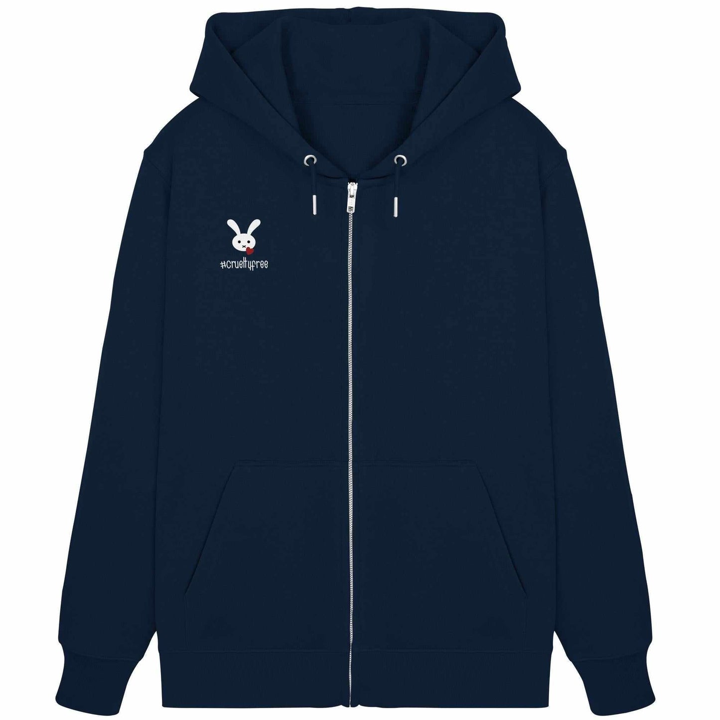 Vegan und Bio Zipper Hoodie: Crueltyfree Bunny mit weißem Hasenmotiv und Herz, Kapuze, Kängurutasche und verdecktem Reißverschluss, aus Bio-Baumwolle und recyceltem Polyester.