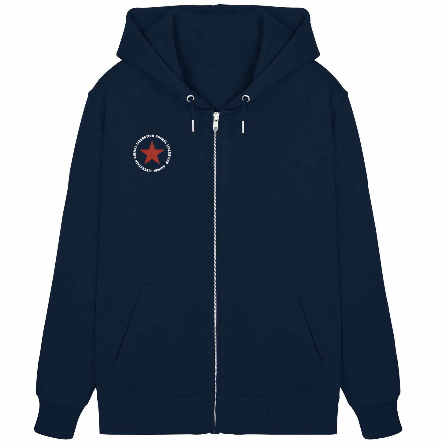 Vegan und Bio Zipper Hoodie: Red Star - Animal Liberation, blauer Kapuzenpullover mit rotem Stern, verdeckter Reißverschluss und Kängurutasche, nachhaltige Materialien.