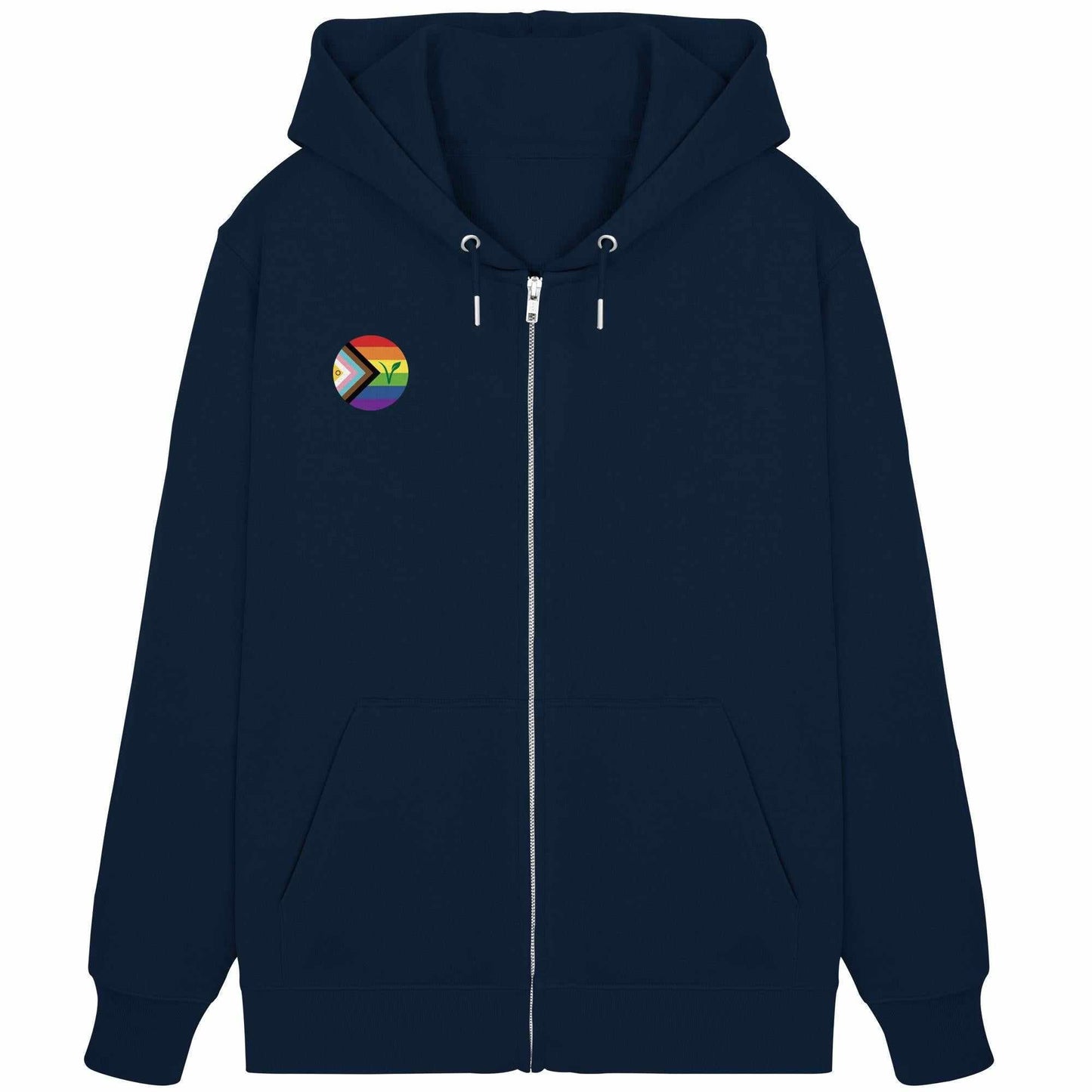 Vegan und Bio Zipper Hoodie: LGBTQIA+ VEGAN, blauer Kapuzenpullover mit Regenbogen-Logo und Metallreißverschluss, aus Bio-Baumwolle und recyceltem Polyester, unterstützt vegane und LGBTQIA+ Werte.