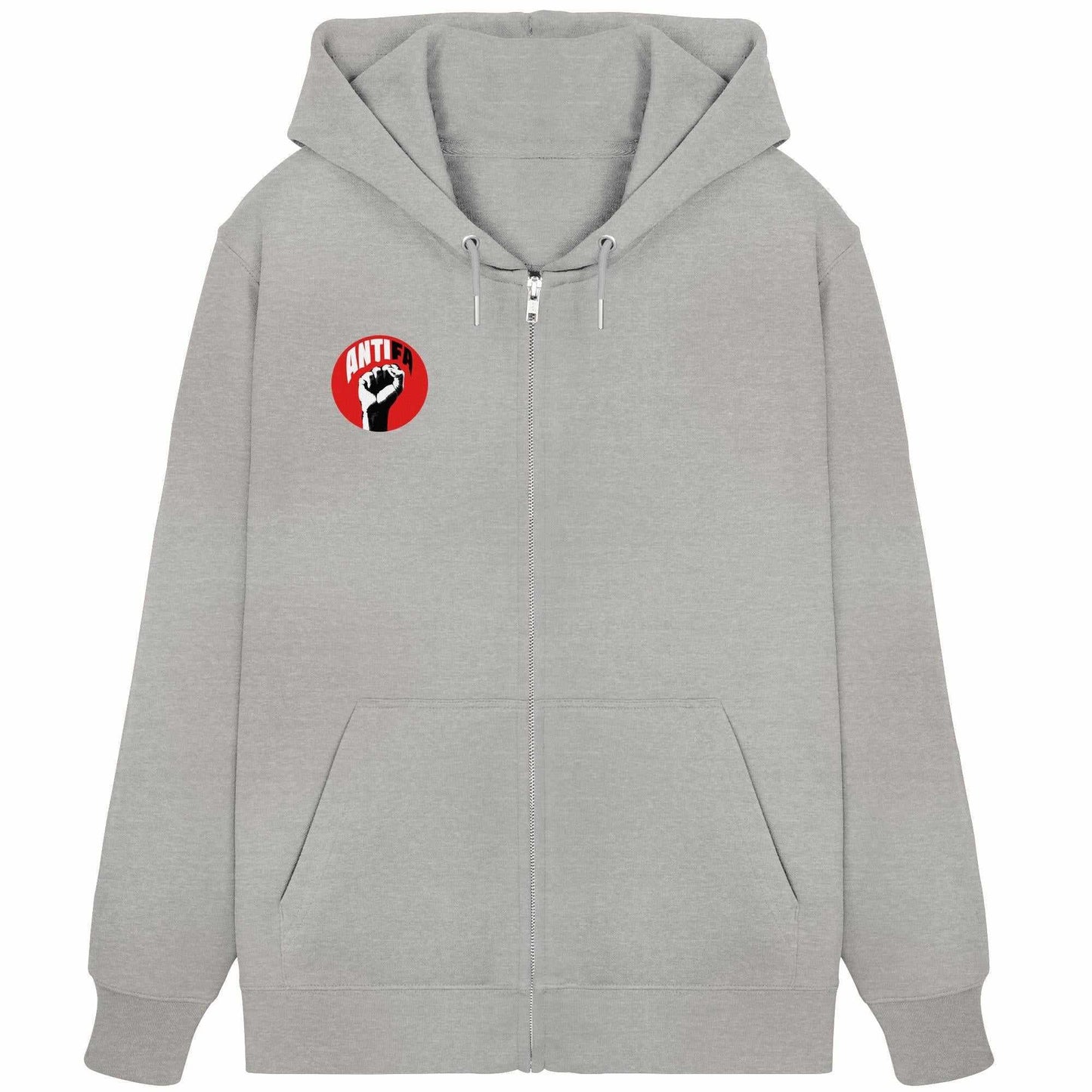 Vegan und Bio Zipper Hoodie: Antifa - Gemeinsam gegen Rechts, grauer Kapuzenpullover mit rotem Logo, schwarzer Faust, verdecktem Metallreißverschluss und Kängurutasche.