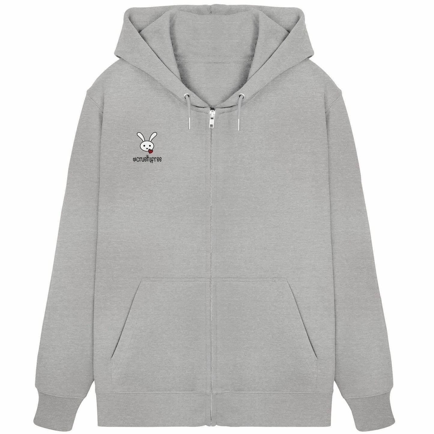 Vegan und Bio Zipper Hoodie: Crueltyfree Bunny mit Cartoon-Hase und Herzmotiv, graue Kapuze, verdeckter Reißverschluss, Kängurutasche, aus nachhaltigem Material.