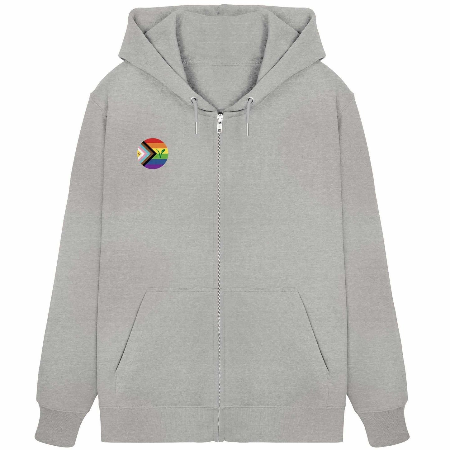 Vegan und Bio Zipper Hoodie: LGBTQIA+ VEGAN, grauer Kapuzenpullover mit Regenbogen-Logo, verdecktem Reißverschluss, Kängurutasche und Fischgrätenband, aus Bio-Baumwolle und recyceltem Polyester.