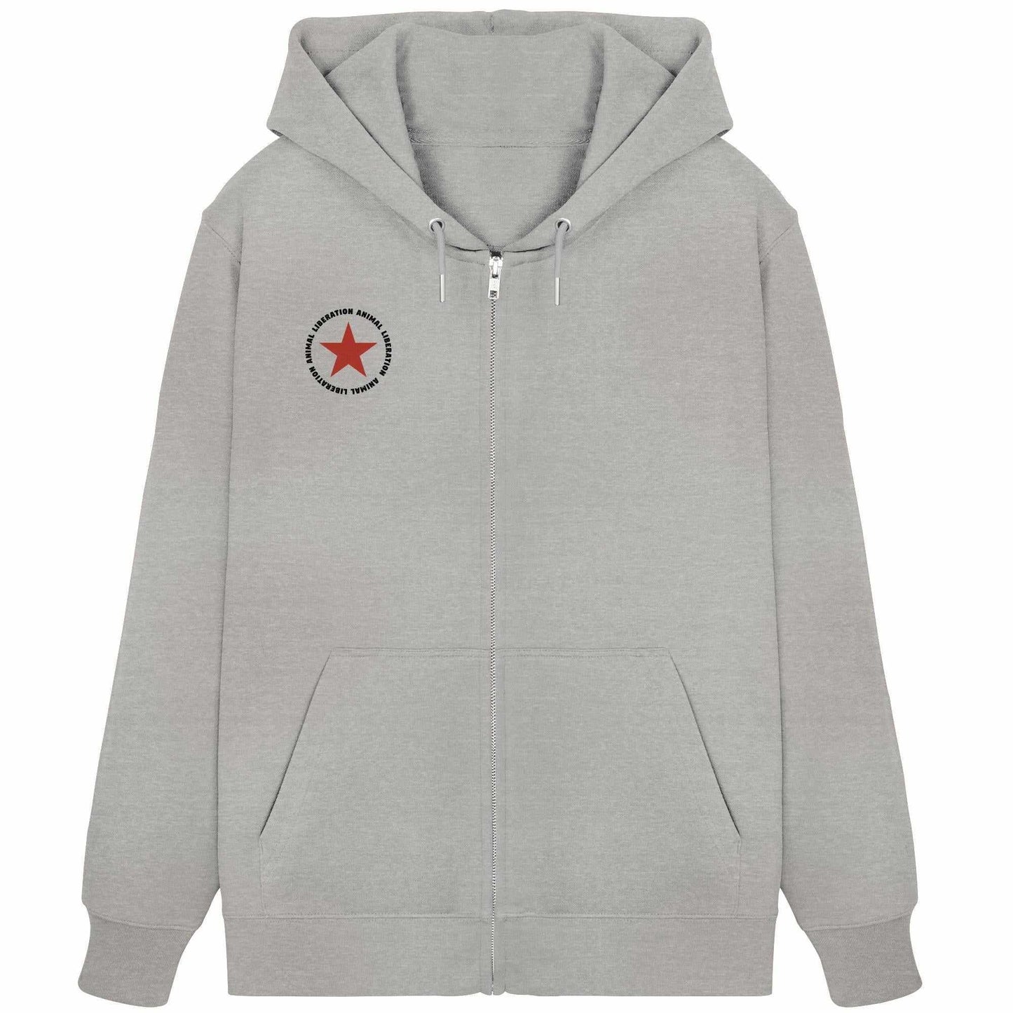 Vegan und Bio Zipper Hoodie: Red Star - Animal Liberation, grauer Kapuzenpullover mit rotem Stern, Metallreißverschluss, Kängurutasche, aus Bio-Baumwolle und recyceltem Polyester.