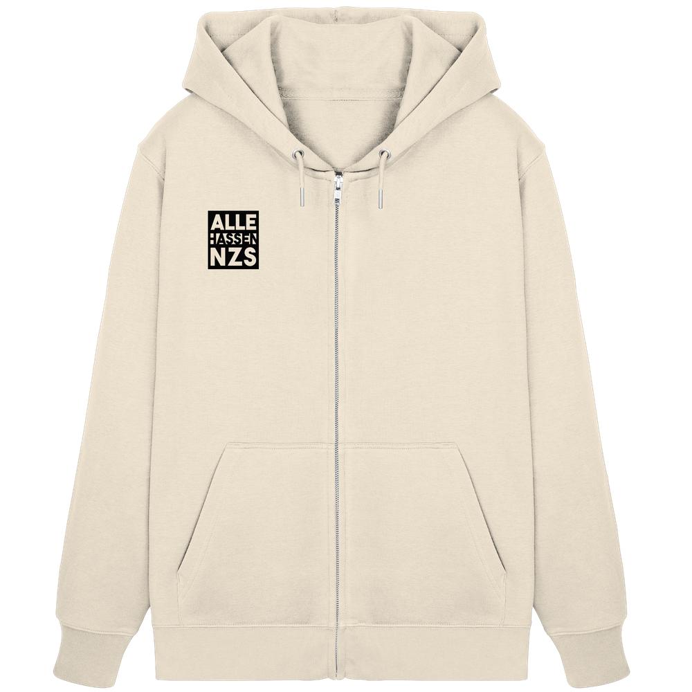 Vegan und Bio Zipper Hoodie ALLE HASSEN NZS! mit Reißverschluss, Kängurutaschen und Kapuze. Kleines schwarzes Quadrat mit weißem Text auf der Brust.