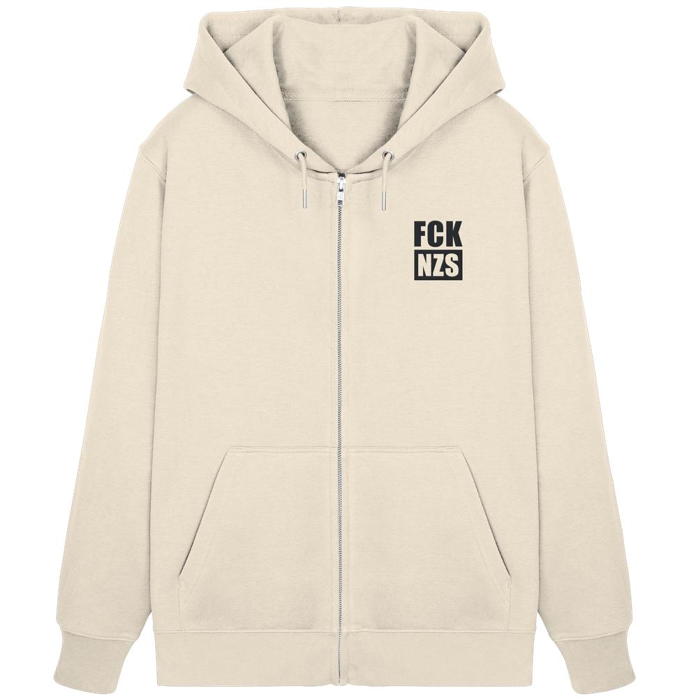Vegan und Bio Zipper Hoodie bestickt: FCK NZS - Organic Zipper, hellbeige mit Reißverschluss, Kapuze, Kängurutasche und linkem Brusttext FCK NZS..