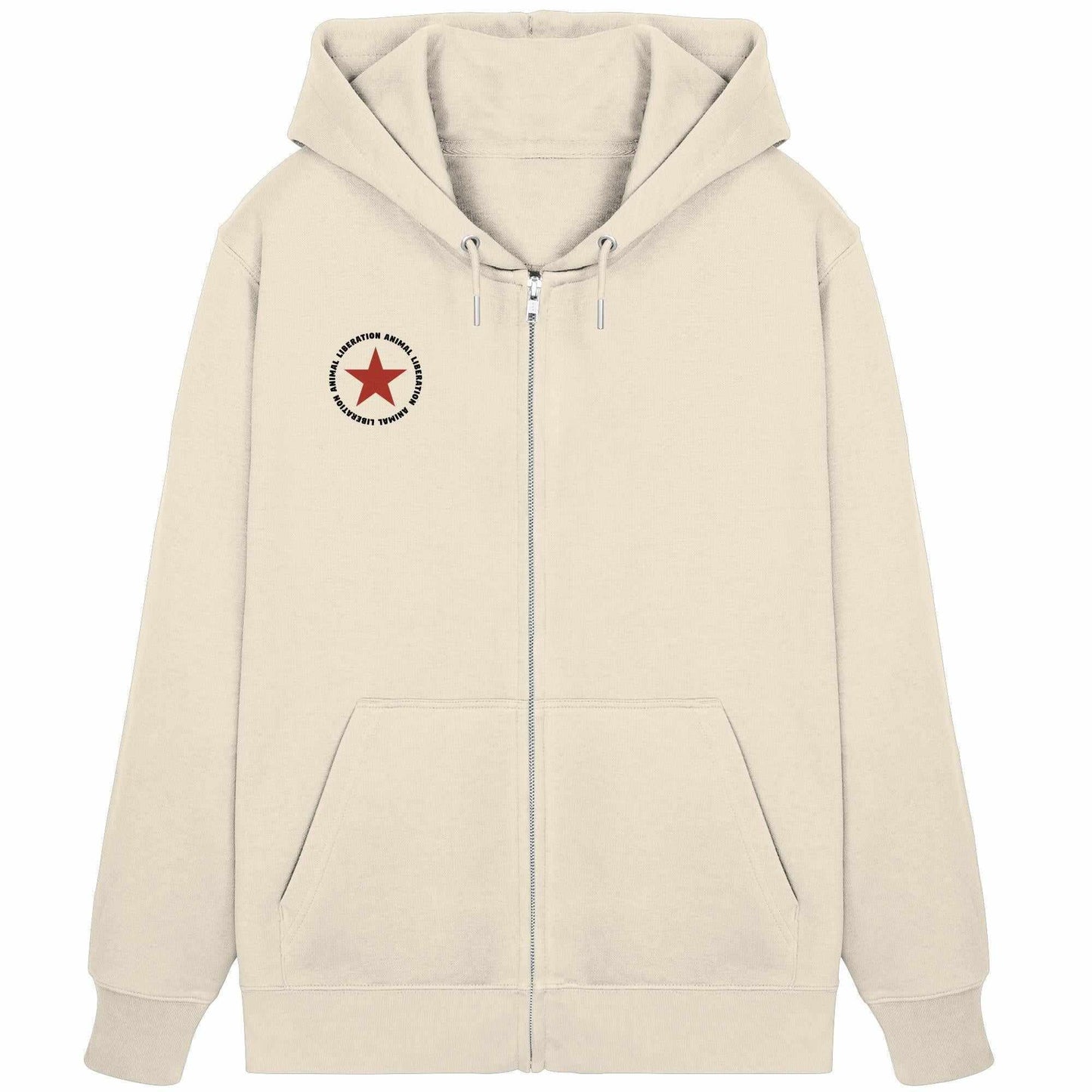 Vegan und Bio Zipper Hoodie: Red Star - Animal Liberation, weißer Hoodie mit rotem Stern, verdeckter Metallreißverschluss, Kängurutasche, Kapuze, aus Bio-Baumwolle und recyceltem Polyester.