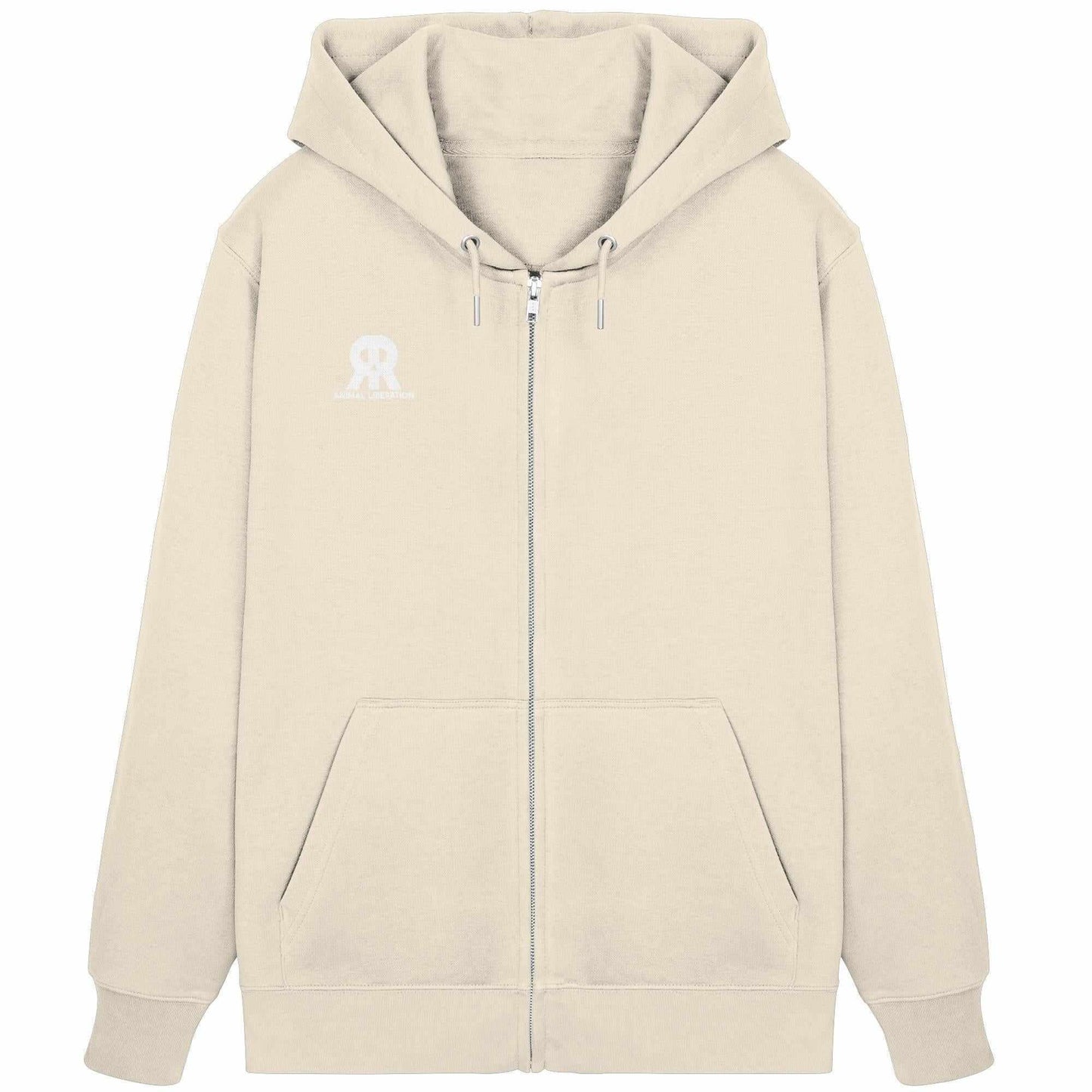 Vegan und Bio Zipper Hoodie: RUDE REBEL Skull - Animal Liberation, weiße Kapuzenjacke mit verdecktem Metallreißverschluss, Kängurutasche und Totenkopf-Design.