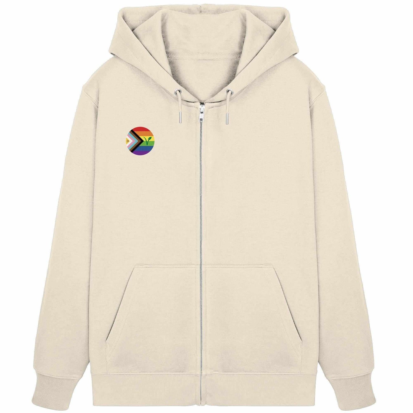 Vegan und Bio Zipper Hoodie: LGBTQIA+ VEGAN, weißer Kapuzenpullover mit Regenbogen-Logo und verdecktem Reißverschluss, symbolisiert Freiheit und Tierrechte.