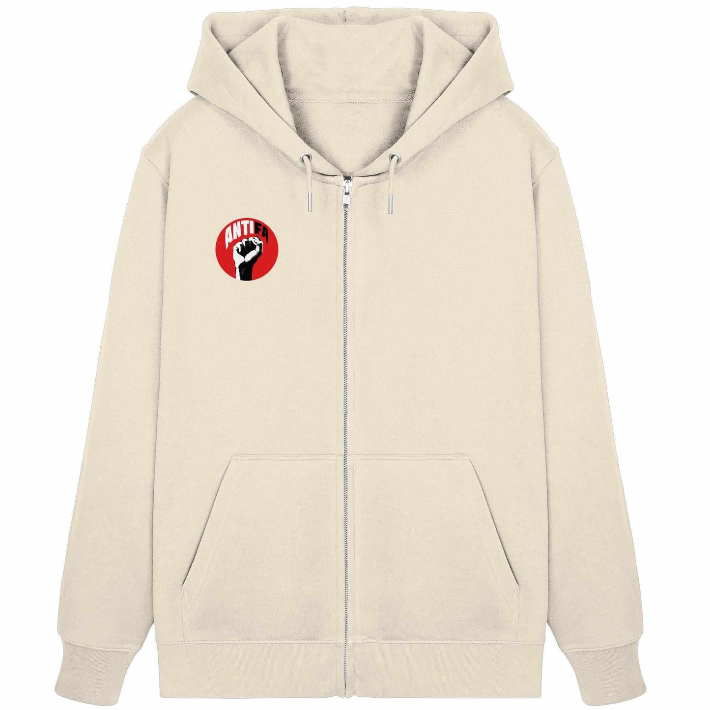 Vegan und Bio Zipper Hoodie: Antifa - Gemeinsam gegen Rechts, weiß mit rotem Logo und schwarzer Faust, Kapuze, Kängurutasche, verdeckter Reißverschluss, umweltfreundlich produziert.