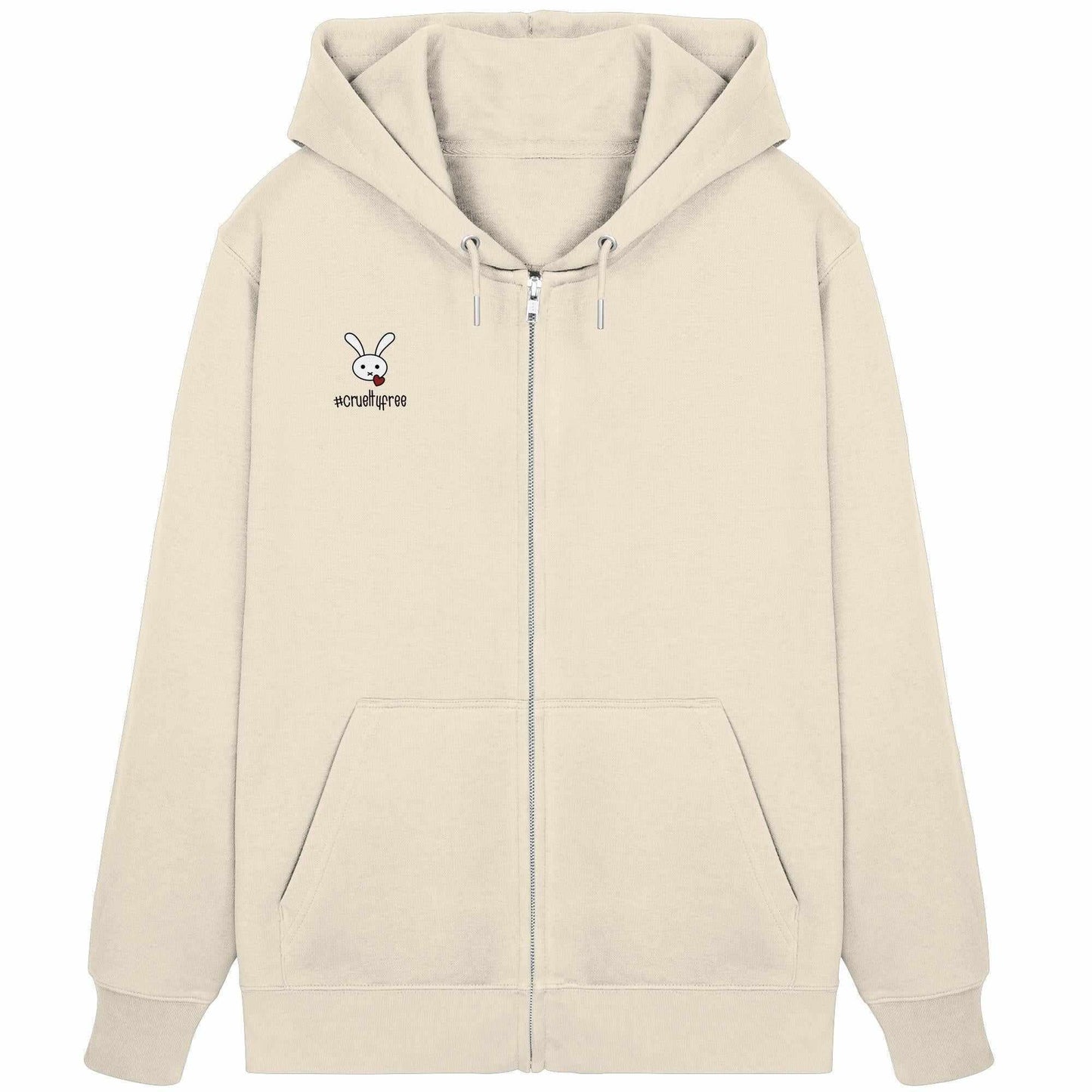 Vegan und Bio Zipper Hoodie: Crueltyfree Bunny mit Cartoon-Hase, Herz im Mund, Kapuze, verdecktem Reißverschluss, Kängurutasche. Nachhaltig aus Bio-Baumwolle und recyceltem Polyester.