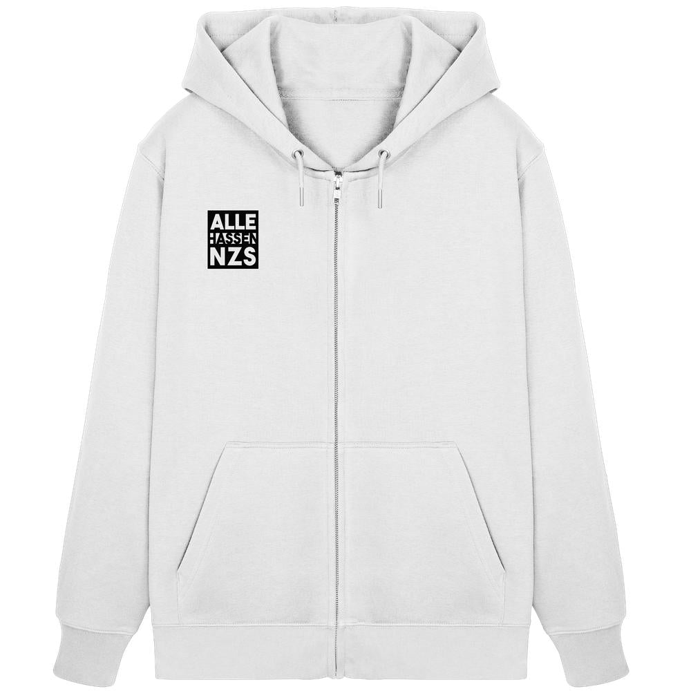 Vegan und Bio Zipper Hoodie: ALLE HASSEN NZS! mit Kängurutaschen, Kapuze und ALLE HASSEN NZS. Grafik auf der Brust. Ideal für nachhaltige, rebellische Mode.