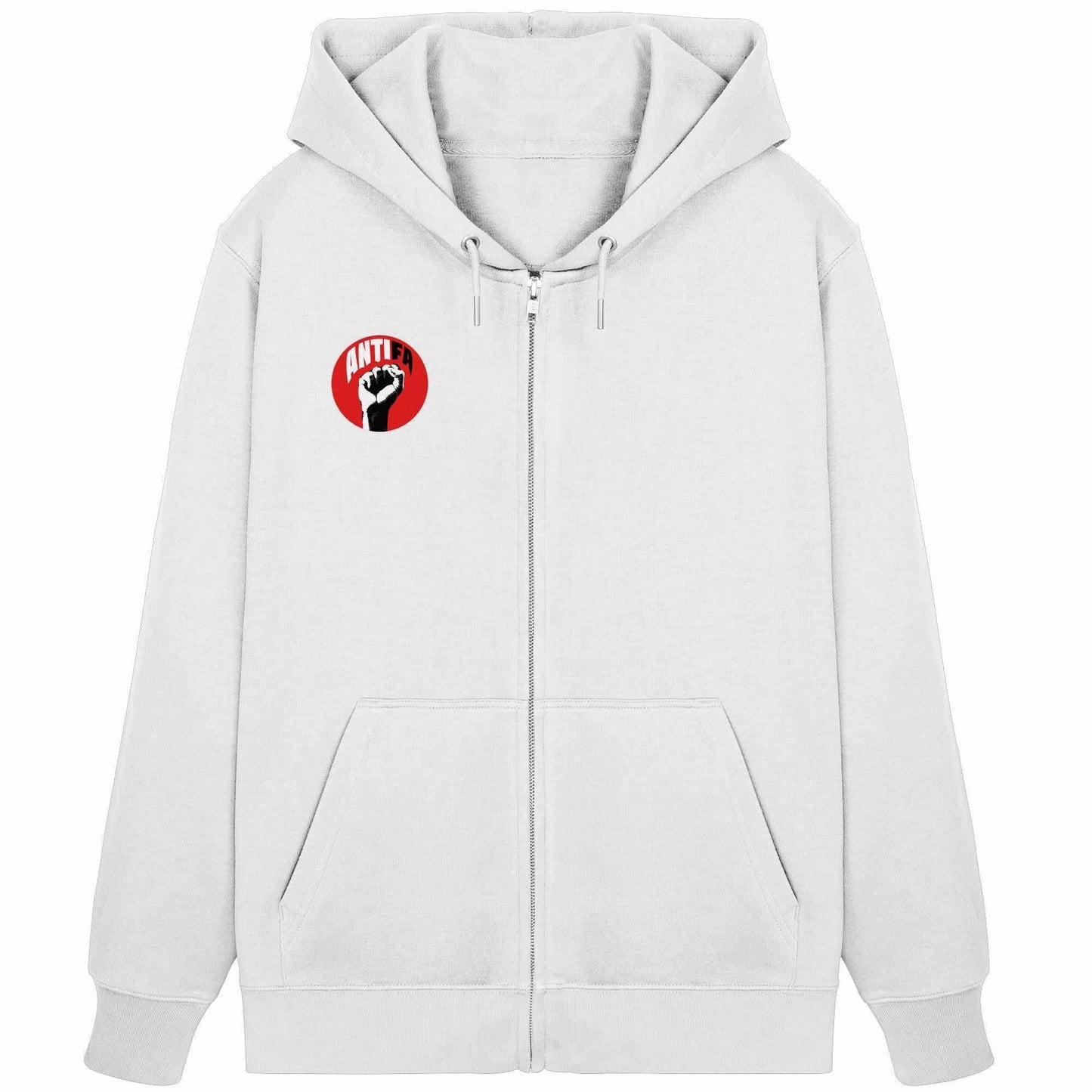 Vegan und Bio Zipper Hoodie: Antifa - Gemeinsam gegen Rechts, mit rotem Logo und Faustmotiv, verdecktem Metallreißverschluss und Kängurutasche, aus Bio-Baumwolle und recyceltem Polyester.