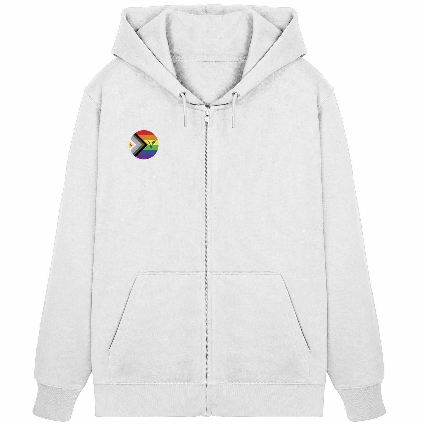 Vegan und Bio Zipper Hoodie: LGBTQIA+ VEGAN, weißer Hoodie mit Regenbogen-Logo, verdecktem Metallreißverschluss und Kängurutasche, repräsentiert Freiheit und Tierrechte.
