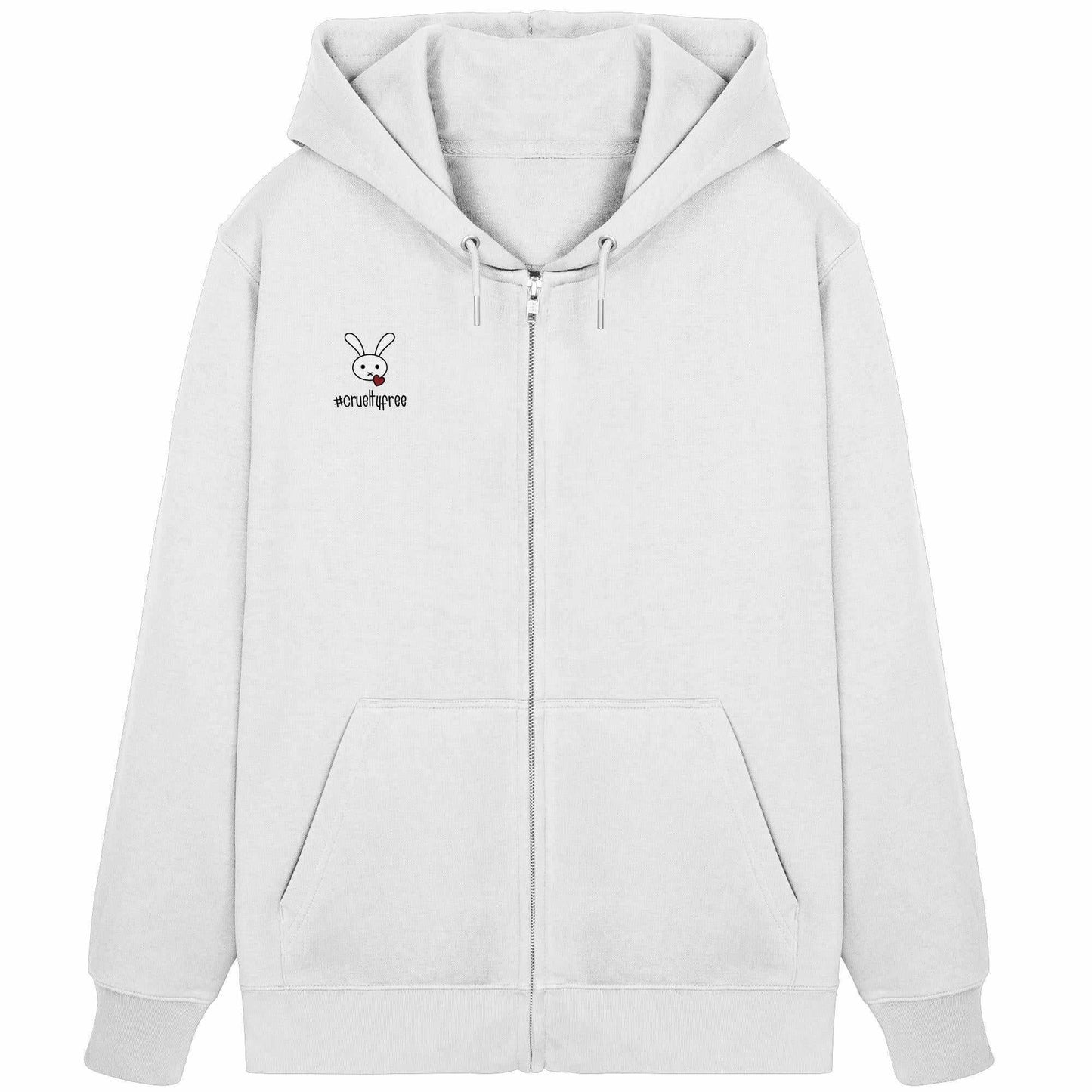 Vegan und Bio Zipper Hoodie: Crueltyfree Bunny mit Hasenmotiv und herzförmigem Detail, ausgestattet mit Kängurutasche und verdecktem Metallreißverschluss.