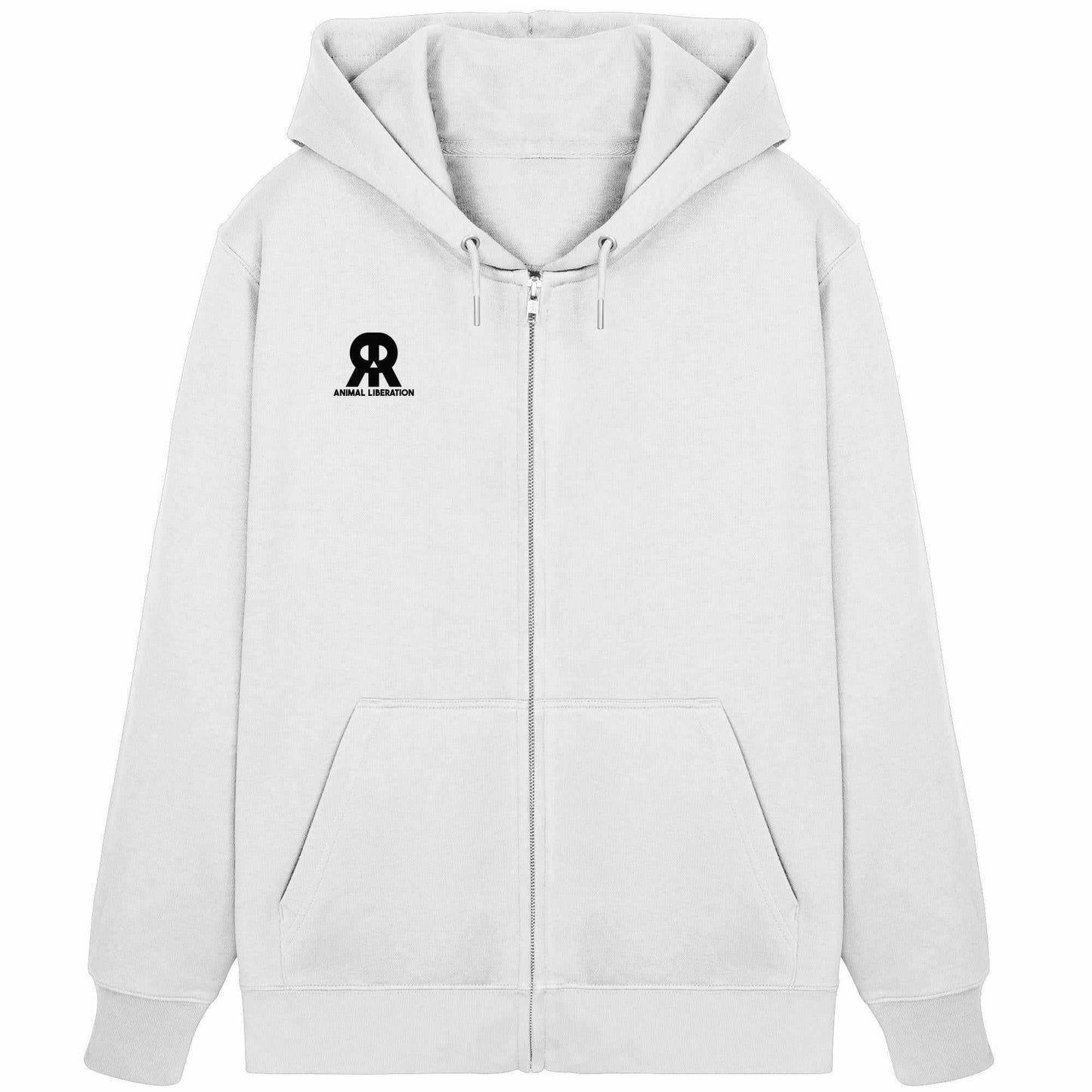 Vegan und Bio Zipper Hoodie: RUDE REBEL Skull - Animal Liberation, weiß, mit Totenkopf-Logo, verdecktem Metallreißverschluss und Kängurutasche. Perfekt für rebellische, nachhaltige Mode.