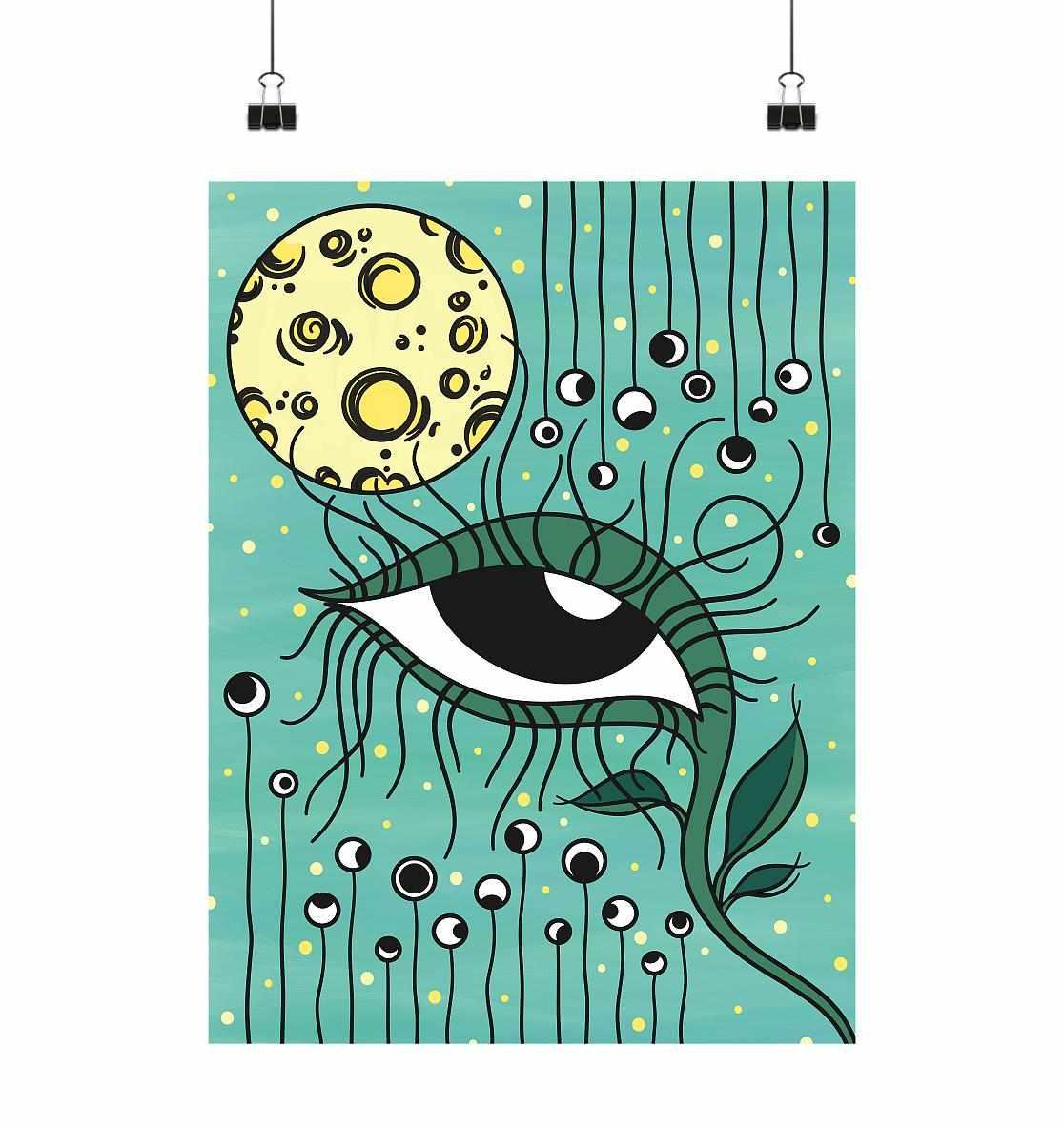 Vegan und Öko Poster Din A3: Auge, Mond und Sterne zeigt ein Pflanzenspross mit Mond und Auge, inspiriert von Naturbewusstsein und Umweltschutz.