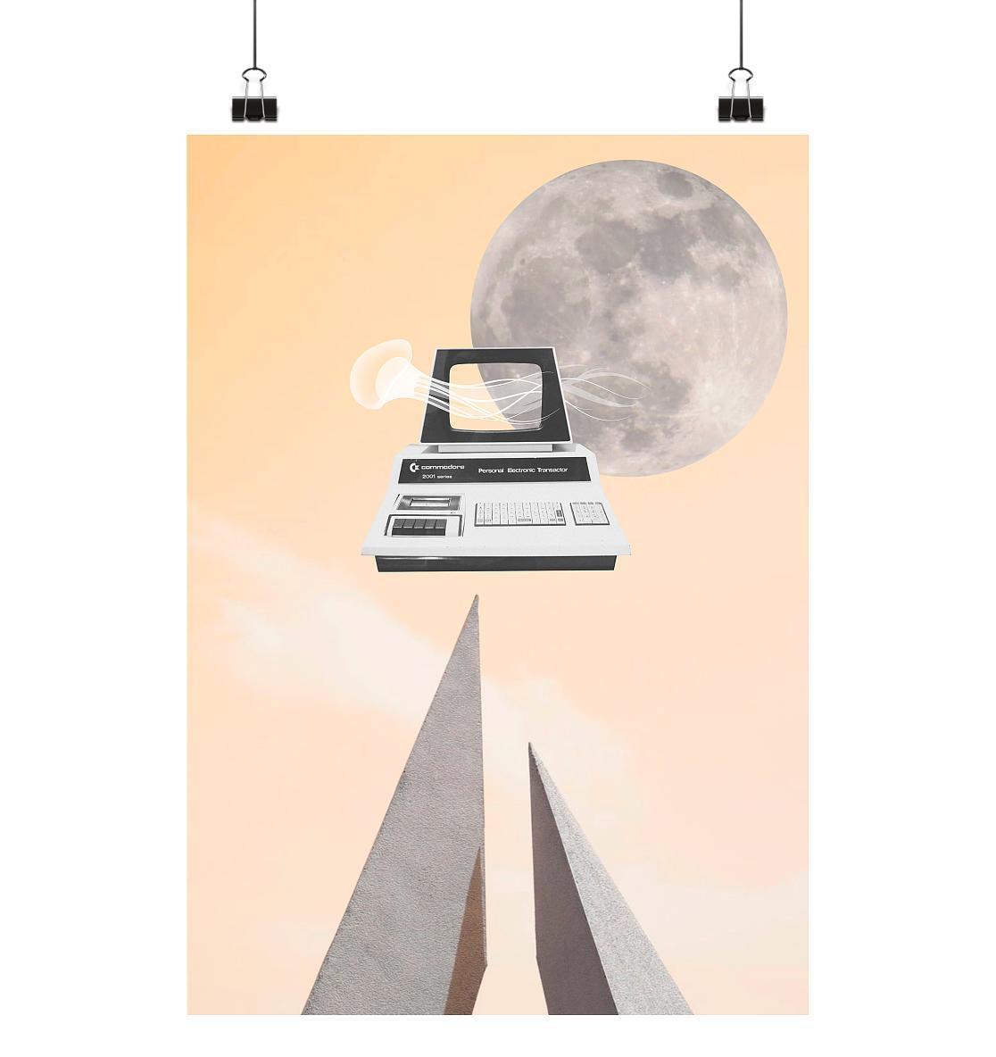 Vegan und Öko Poster Din A3: Retro Nerd zeigt einen Laptop vor einem Mond, symbolisch für Technik und Natur im Einklang.