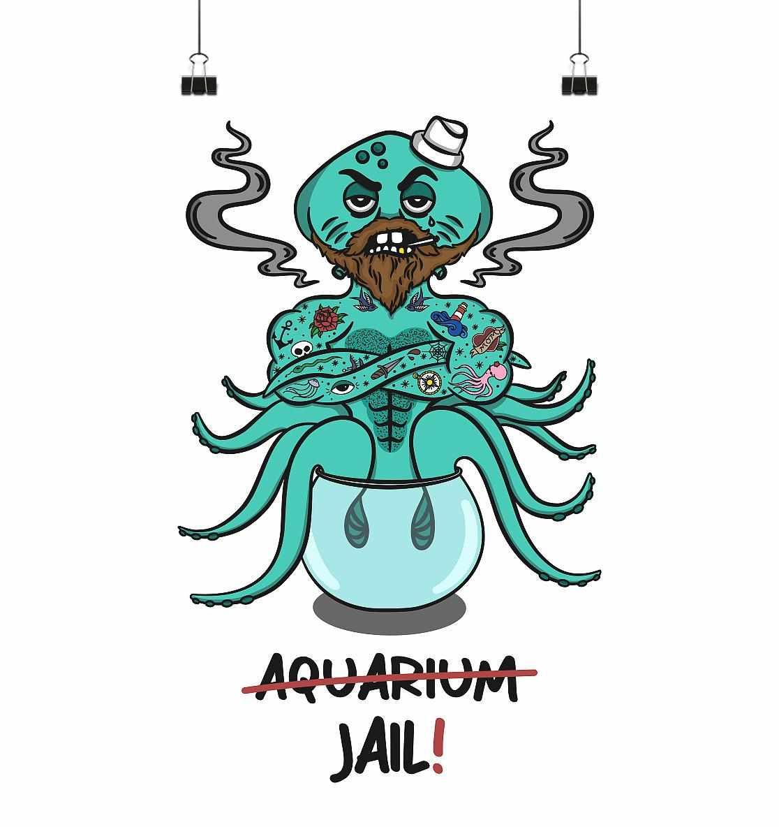 Vegan und Öko Poster Din A3: Cartoon eines tätowierten Mannes mit Oktopus, symbolisiert Aquarienkritik und Tierrechte, umweltfreundlich produziert, Galeriequalität.