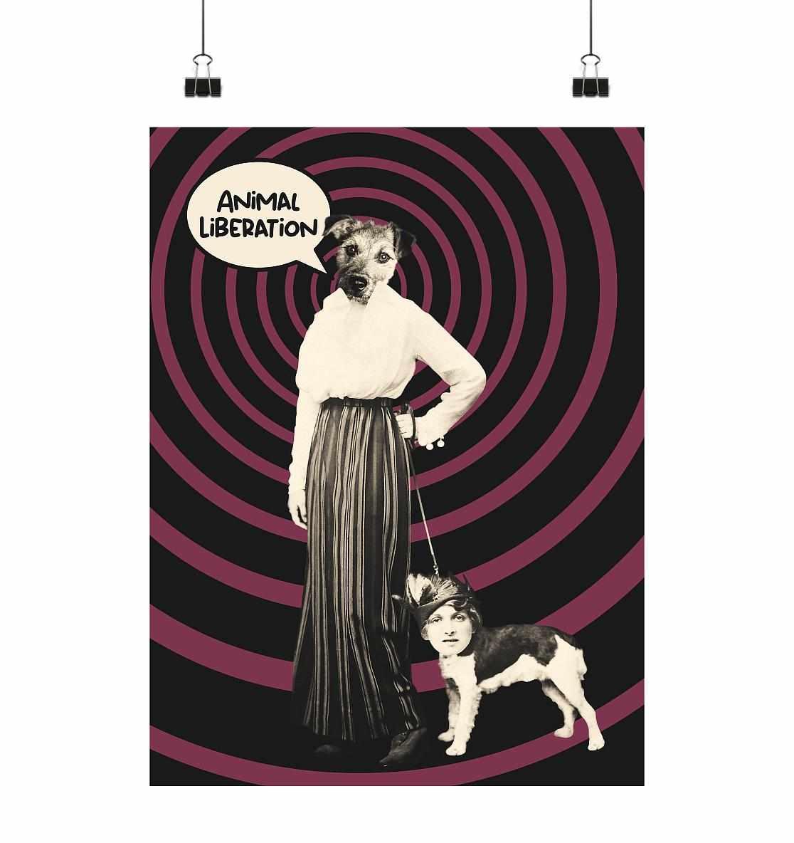 Vegan und Öko Poster Din A3: Frau mit Hund an der Leine, inspiriert von Popart und Vintage-Fotografie, thematisiert Tierrechte und Freiheit. Größe: 29,7 x 42 cm.